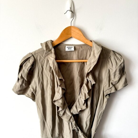 Aritzia Sunday Best New Ruffle Wrap Dress Dry Basil Green Size Small - Picture 3 of 6